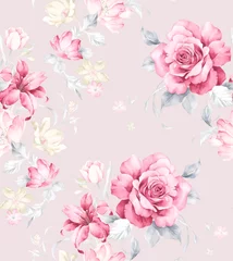 Fotobehang Rozen Aquarel naadloze patroon met roze bloemen. Aquarel decoratie patroon. Vintage aquarel achtergrond. Perfect voor behang, stofontwerp, inpakpapier, oppervlaktestructuren, digitaal papier.