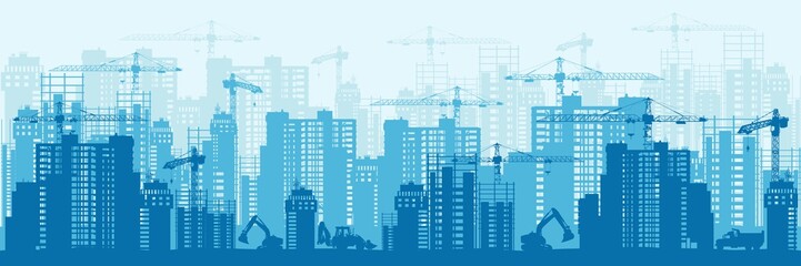 Detailed silhouette of colorful development urban background horizontal banner. Modern megapolis buildings under construction in process with industrial crane and excavator backdrop