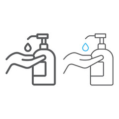 Disinfection soap with hand line and color line icon, wash and hygiene, hand soap sign, vector graphics, a linear pattern on a white background, eps 10.