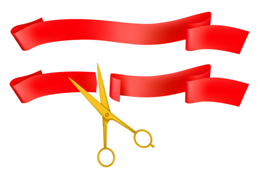 Grand opening, golden scissors and red ribbon