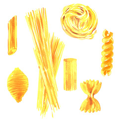 Set pasta, different types of Italian pasta, cannelloni, penne, fusilli, spaghetti, fettuccine, conchiglie, italian cuisine food, isolated, hand drawn watercolor illustration on white background