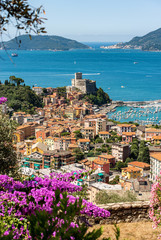Aerial view of the Lerici town, in the background Portovenere or Porto Venere with the Palmaria Island. In the Gulf of La Spezia, Liguria, Italy, Europe