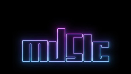 Neon word MUSIC shimmering with blue and purple colors pulses at a rate of 130 bpm, VJ seamless loop
