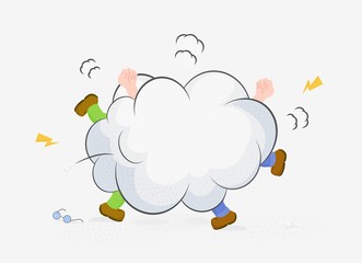 Cartoon people battle each other at fight smoke isolated on white background. Two aggressive male tussle hitting fist and leg having disagreement fighting in smoking cloud vector graphic illustration