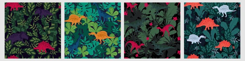 Set of various colorful seamless pattern with dinosaur and tropical leaves plant. Collection of different cute unique animals surrounded by green leaf and herb growing printable background