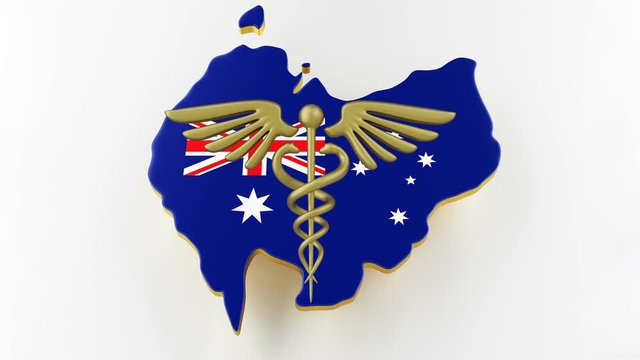 Caduceus sign with snakes on a medical star. Map of Australia land border with flag. Australia map on white background. 3d rendering