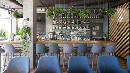 Modern wooden counter zone in empty cafe, green plants