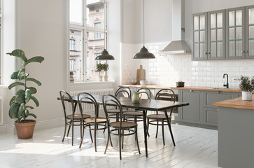 3d interior of a grey and white scandinavian kitchen - obrazy, fototapety, plakaty