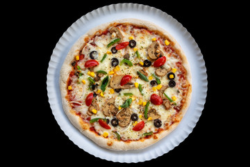 Vegetarian pizza with vegetables shot from above. Flat lay