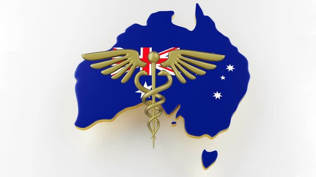 Caduceus sign with snakes on a medical star. Map of Australia land border with flag. Australia map on white background. 3d rendering