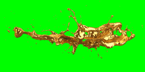 Gold Splash – Flüssiges Gold/Metall auf grünem Hintergrund, 3D-Rendering