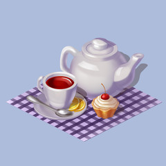 3d illustration of a set for a tea party or ceremony. A teapot with a mug on a plate and a spoon, a lemon and a biscuit cake in a tartlet with a cherry on top. Game object in the style of 3D rendering