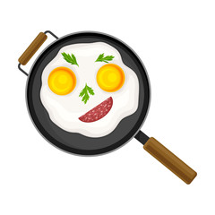Appetizing Breakfast with Scrambled Eggs and Wurst Slice Arranged in Smiley Face Above View Vector Illustration