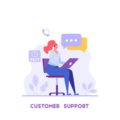 Consultant with headsets helps customers. Customer support. Concept of hotline worker, online assistant, pr, customer attraction. Vector illustration in flat for UI, web banner, mobile app