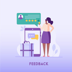 Woman leaves a customer review. Clients feedback. Concept of customer relationship management, five stars, pr, customer attraction. Vector illustration in flat design for UI, web banner, mobile app