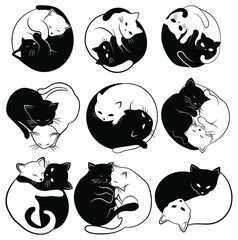 Set of  yin yang cats. Collection of simple and cute black and white cats in the shape of yin yang. Vector illustration for the children. Tattoo.