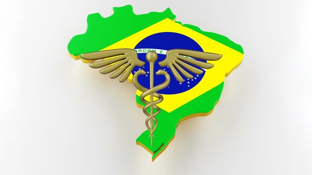 Caduceus sign with snakes on a medical star. Map of Brazil land border with flag. Brazil map on white background. 3d rendering