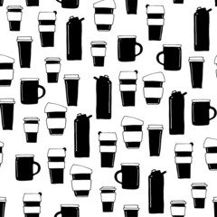 Many scattered coffee tea mugs. Cups for drinks to take away. Vector seamless pattern. Zero waste reusable cups icons. Hand drawn, flat. Eco background.