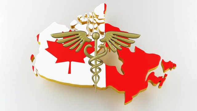 Caduceus sign with snakes on a medical star. Map of Canada land border with flag. Canada map on white background. 3d rendering