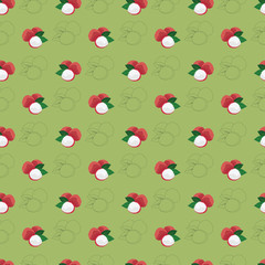 seamless vector illustration pattern with lychee fruit. exotic lychee fruits on green background.