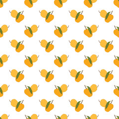 seamless mango pattern with leaves on white background. Ripe mango vector illustration.