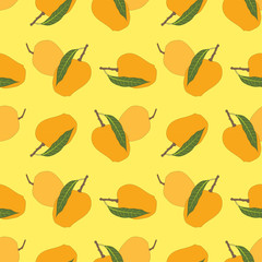 seamless mango pattern with leaves on yellow background. Ripe mango vector illustration.
