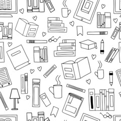 Vector seamless pattern. Doodle. Many black outlines icons of books isolated scattered on white background.  Pile of paper books, open book, book on computer screen, ebooks, glasses, heart, lamp.