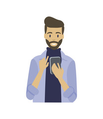Man with smartphone in hands typing message and smile isolated cartoon character. Vector bearded guy with phone chatting in telephone, cartoon style character
