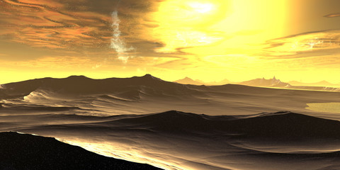 Alien Planet. Mountain and lake. 3D rendering