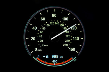 190 Kilometers per hour,light with car mileage with black background,number of speed,Odometer of car.	
