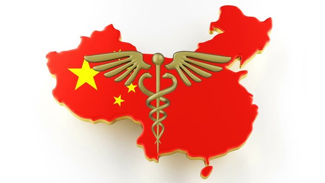 Caduceus sign with snakes on a medical star. Map of China land border with flag. China map on white background. 3d rendering