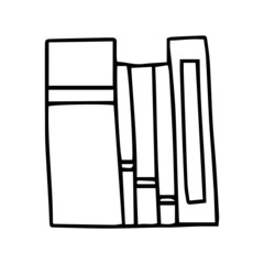 Vector icon of book, books, pile of books, paper book, e book, open book. Handdrawn black outline isolated on white background.  Doodle style.
