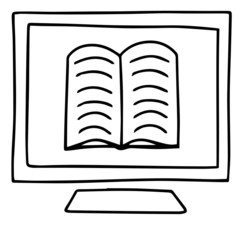 Vector icon of book, books, pile of books, paper book, e book, open book. Handdrawn black outline isolated on white background.  Doodle style.