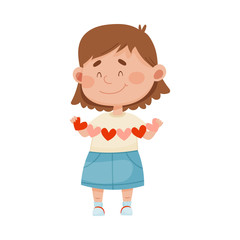 Smiling Girl Holding Made from Paper Heart Garland Vector Illustration