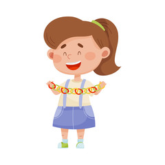 Smiling Girl Holding Made from Paper Garland Vector Illustration
