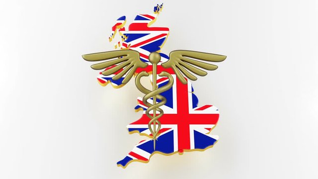 Caduceus sign with snakes on a medical star. Map of Great Britain land border with flag. Great Britain map on white background. 3d rendering