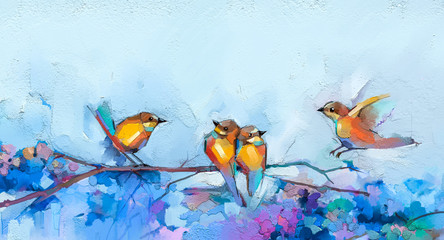 Abstract colorful oil, acrylic painting of bird and spring flower. Modern art paintings brush stroke on canvas. Illustration oil painting, animal and floral for background. - 334428599