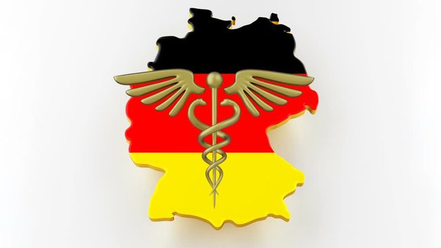Caduceus sign with snakes on a medical star. Map of Germany land border with flag. Germany map on white background. 3d rendering