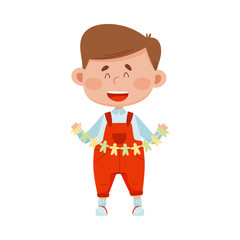 Smiling Boy Holding Made from Paper Shaped Garland Vector Illustration