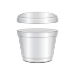Round white plastic open container with cap. Soup bowl or for dairy products, yogurt, cream, dessert, jam. Vector packaging mockup template