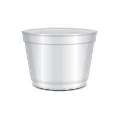 Round white plastic open container. Soup bowl or for dairy products, yogurt, cream, dessert, jam. Vector packaging mockup template