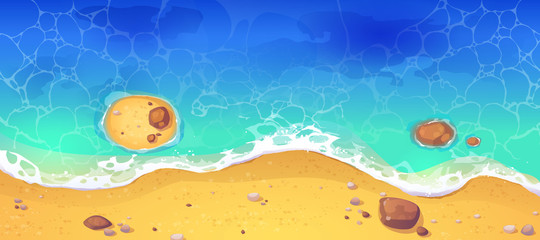 Summer sea beach top view. Sandy ocean shore with rocks. Vector cartoon illustration of coast with yellow sand, tropical seaside with blue water waves. Concept of paradise exotic vacation