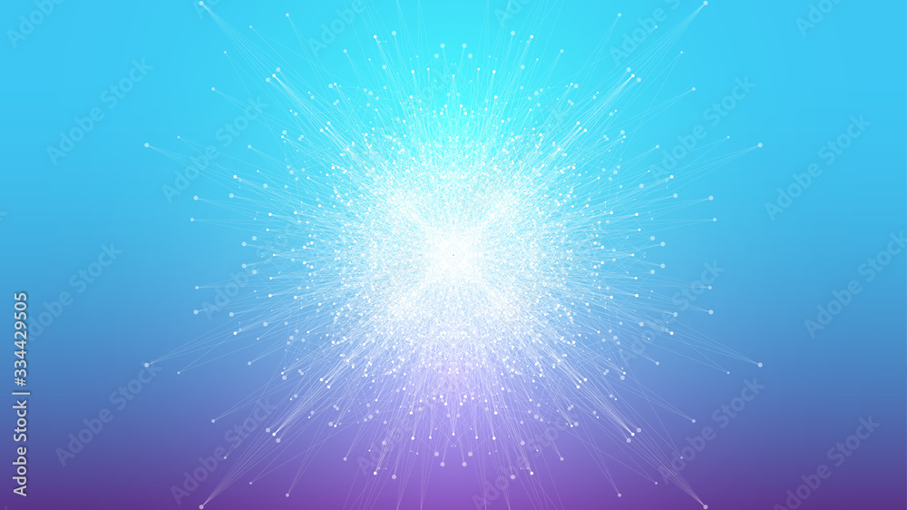 Poster Geometric abstract background expansion of life. Colorful explosion background with connected line and dots, wave flow. Graphic background explosion, motion burst. Scientific vector illustration.