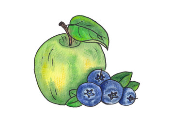 Watercolor painting with colorful green apple with blueberry isolated on white background. Sketch illustration for fruits smoothie, juice, food hall decoration, cards. Vibrant bright food design.