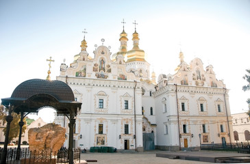 View of the ancient Kiev Pechersk Lavra or Kyiv Pechersk Lavra..Uspensky Cathedral-historic Orthodox Christian monastery in Kiev, Ukraine. Religion orthodox church, spring day.