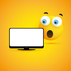 Surprised Emoticon with Pop Out Eyes and Laptop Computer on Yellow Background - Vector Design