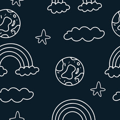 Children's vector seamless pattern. Illustration with line clouds, planets, stars, rainbows can be used for wallpapers, pattern fills, web page backgrounds,surface textures.