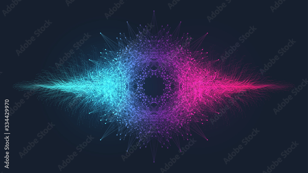 Poster Abstract dynamic motion lines and dots background with colorful particles. Digital streaming background, wave flow. Plexus stream background. Big Data technology, vector illustration