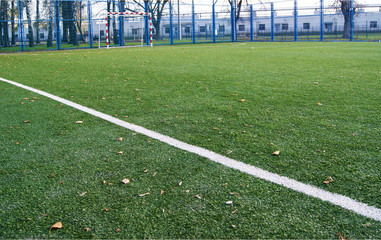 Artificial turf football field in park.