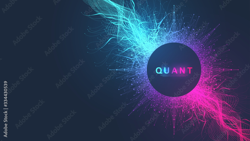 Fototapete Abstract dynamic motion lines and dots background with colorful particles. Digital streaming background, wave flow. Plexus stream background. Big Data technology, vector illustration
